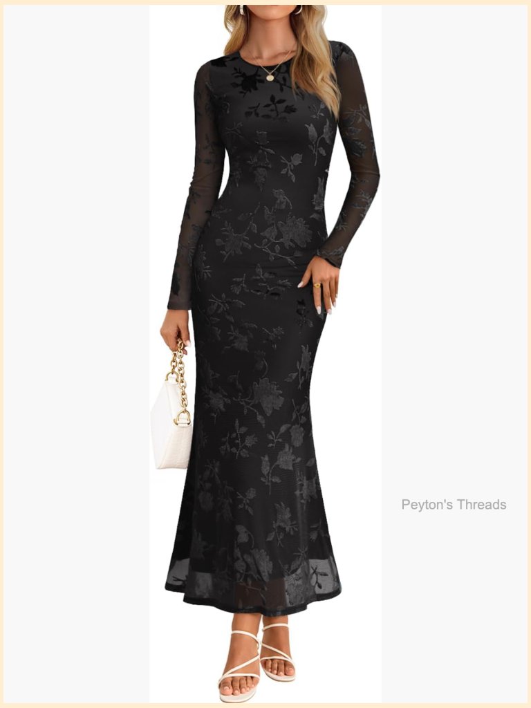 Floral Velvet Bodycon Maxi Dress Long Sleeve Mermaid Hem Wedding Guest
